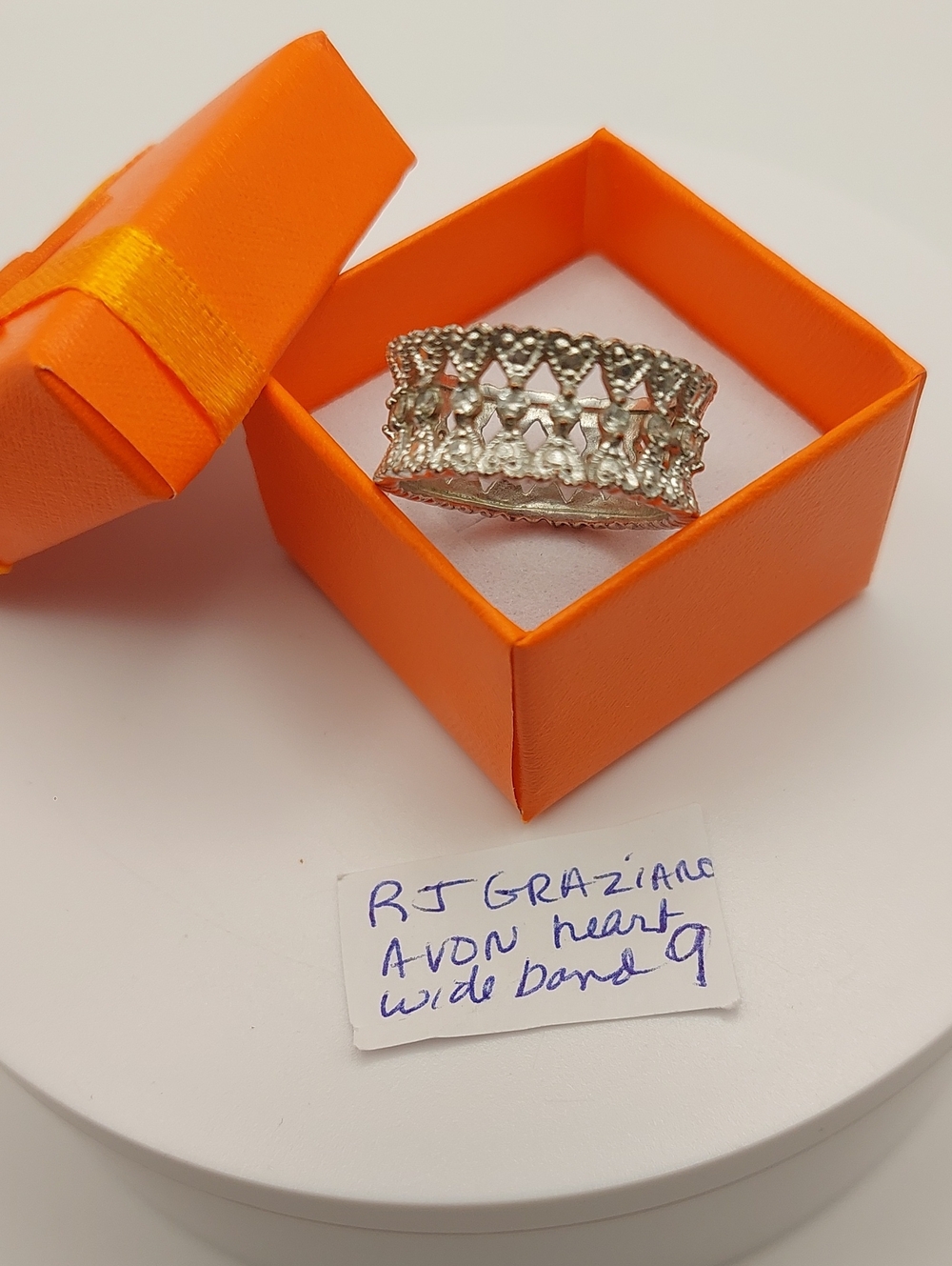 AVON Vtg RJ GRAZIANO SZ 9 Rhinestone Marcasite Heart Wide Band Ring